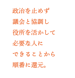 政治を止めずに議会と協調し役所を活かして必要な人にできることから順番に還元。